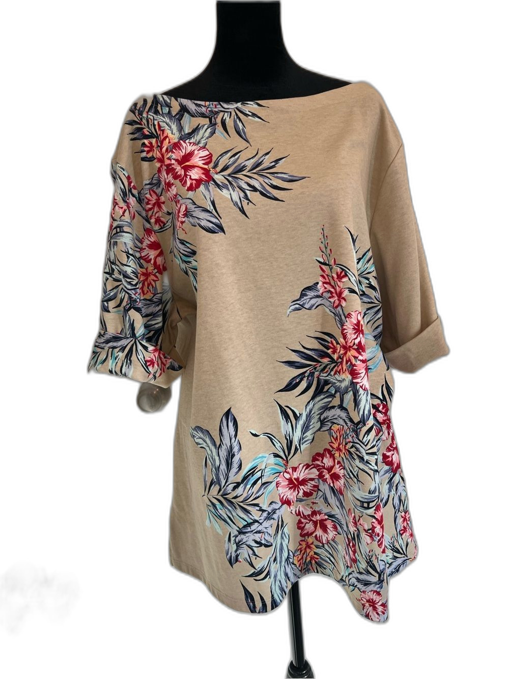 Karen Scott 3X Floral Print Tunic Top Beige Elbow Sleeve NWT